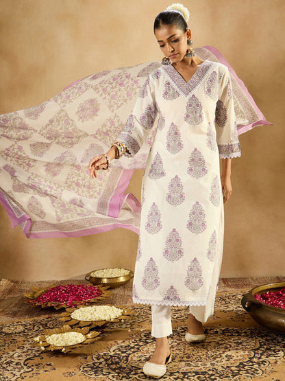Floral Printed Regular Sequinned Pure Cotton Kurta with Trousers & Dupatta