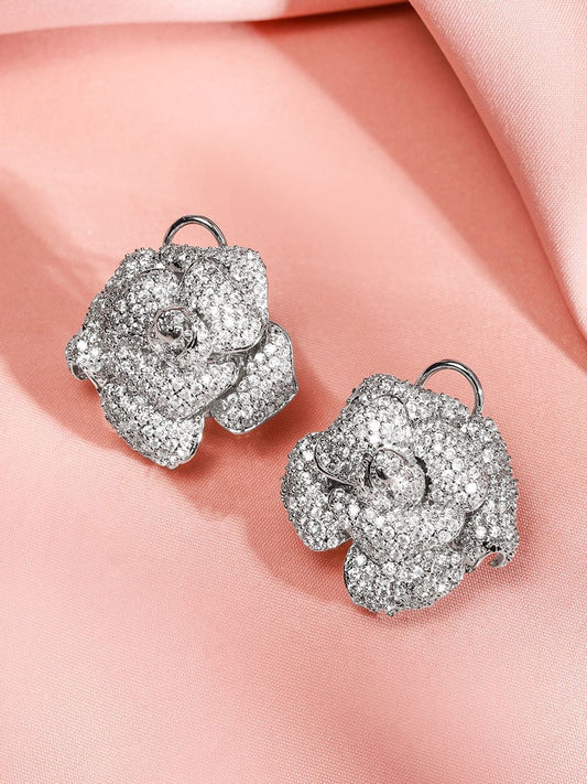 Dhiyona RJ Women's Rhodium-Plated White Cubic Zirconia Studded 3D Floral Rose Design Stud Earrings