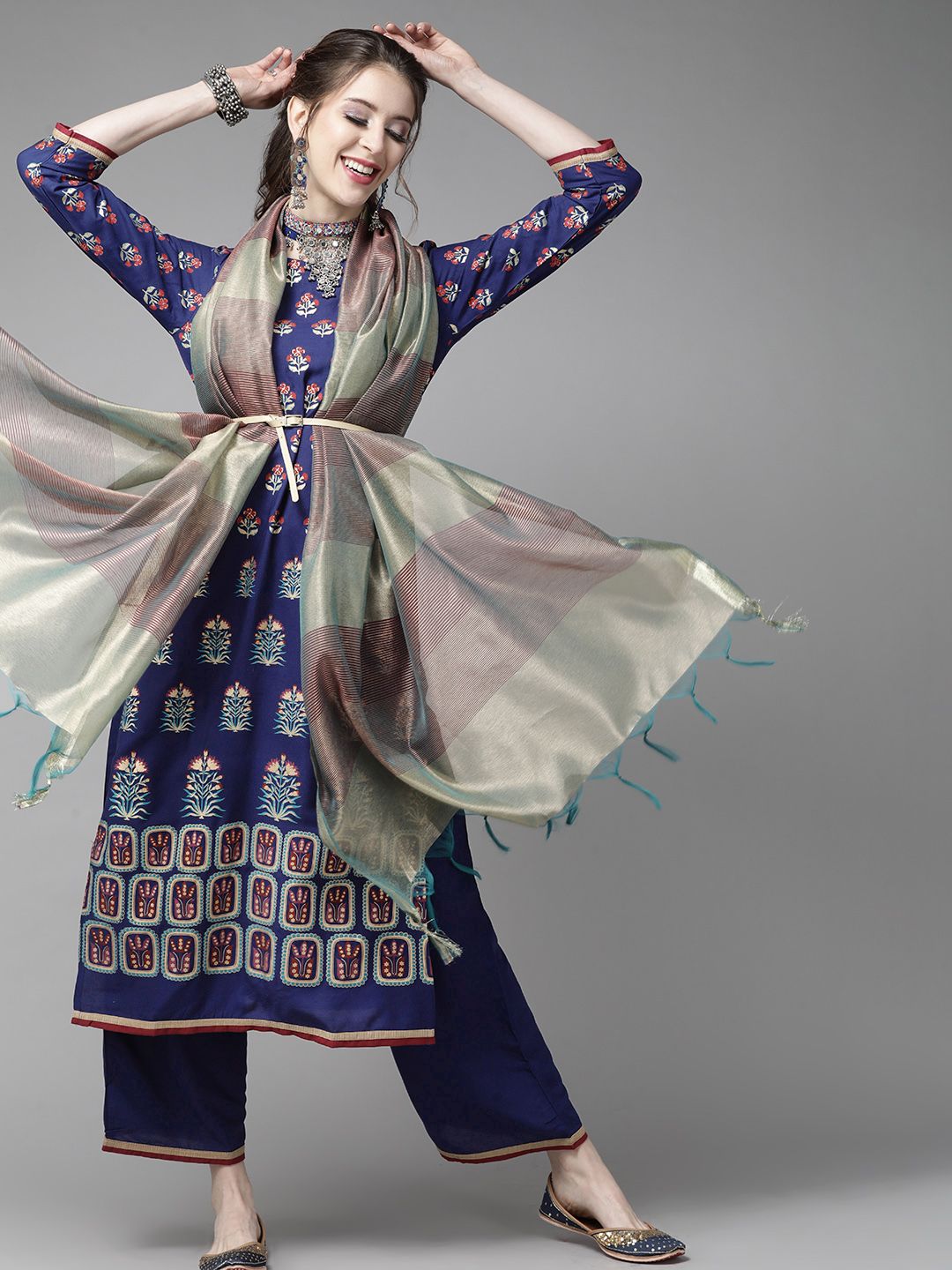 Dhiyona IE Blue & Red Romantic Floral Printed Kurta with Palazzos and Dupatta