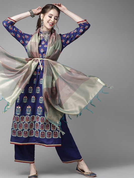 Blue & Red Romantic Floral Printed Kurta with Palazzos and Dupatta