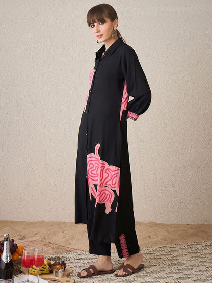 Dhiyona IE Printed Shirt Collar Straight Tunic With Trouser