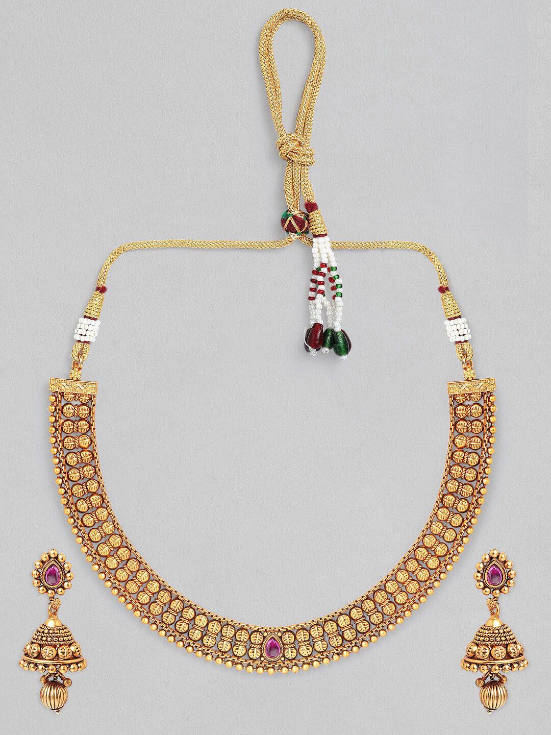 Dhiyona RJ Women's 22K Gold-Plated Ruby Pink & Kundan Studded Necklace Set with Jhumka Earrings