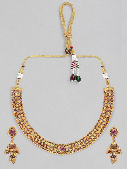Dhiyona RJ Women's 22K Gold-Plated Ruby Pink & Kundan Studded Necklace Set with Jhumka Earrings