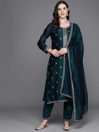 Floral Embroidered Regular Sequinned Kurta with Trousers & Dupatta