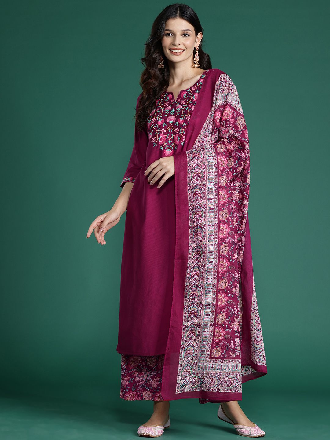 Floral Embroidered Thread Work Kurta With Palazzos & Dupatta