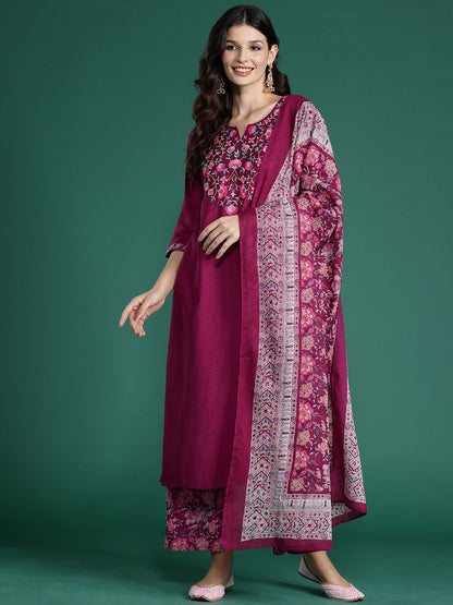 Floral Embroidered Thread Work Kurta With Palazzos & Dupatta