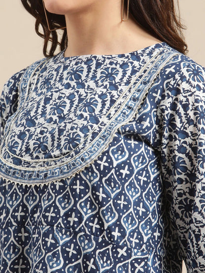 Dhiyona VA Women'sBlue & White Floral Printed Flared Kurta Sharara Set