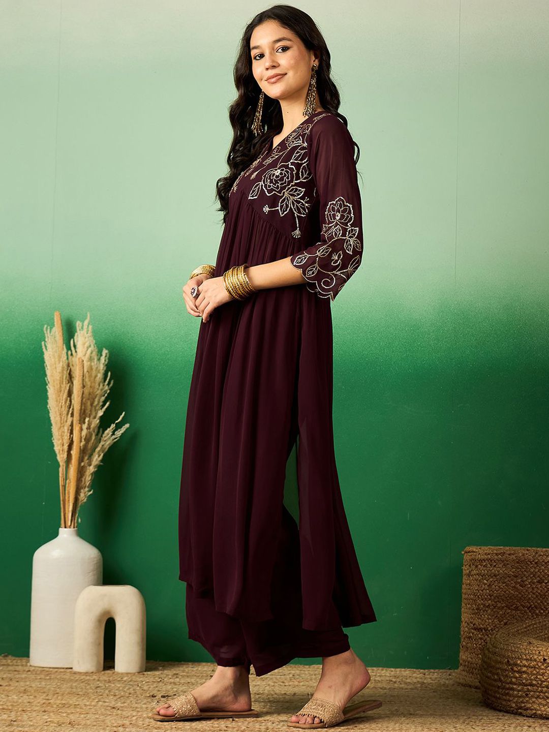 Dhiyona SN Women's Brown Floral Embroidered V-Neck A-Line Kurta With Palazzo Set