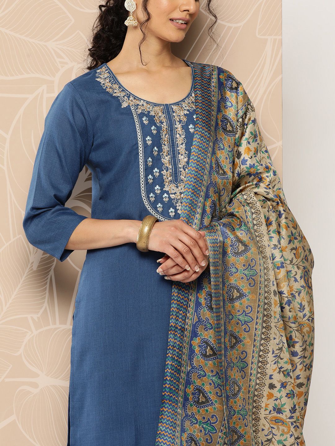 Dhiyona VA Women'sBlue Yoke Embroidered Kurta with Trouser and Dupatta