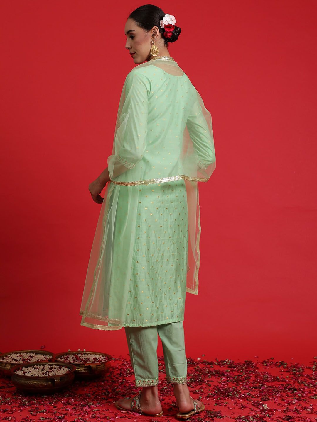 Dhiyona IE Ethnic Motifs Embroidered Chanderi Silk Kurta Withth Trousers & Dupattta