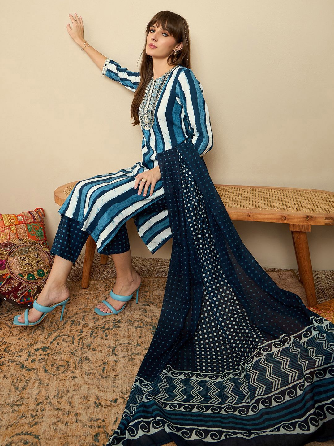 Dhiyona IE Striped Sequinned Straight Kurta With Trousers & Dupatta