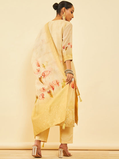 Dhiyona SO Women's Floral Printed Regular Zardozi Chanderi Silk Kurta with Trousers & Dupatta