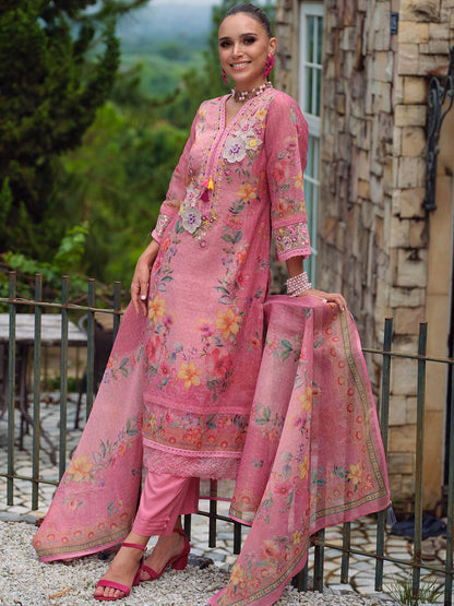 Women Floral Embroidered Beads and Stones Kurta with Trousers & With Dupatta