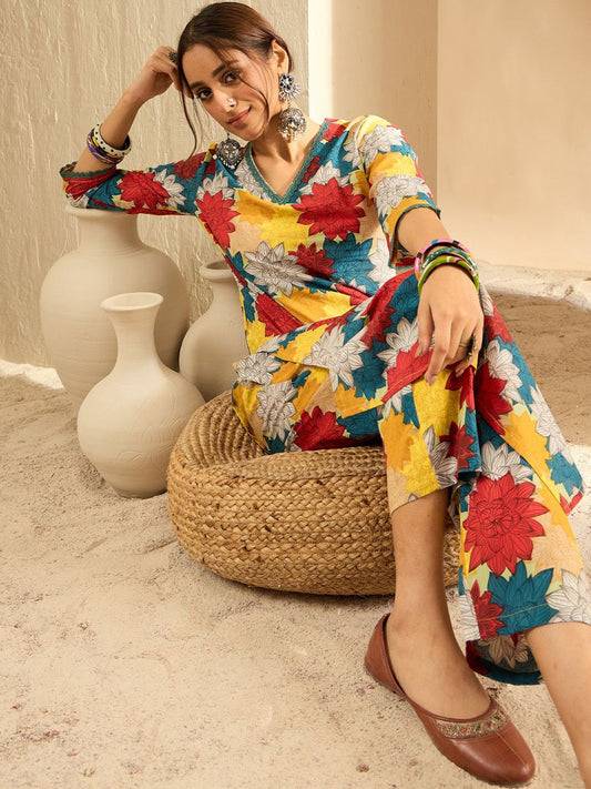 Dhiyona IE Women Floral Printed Regular Pure Cotton Kurta with Trousers