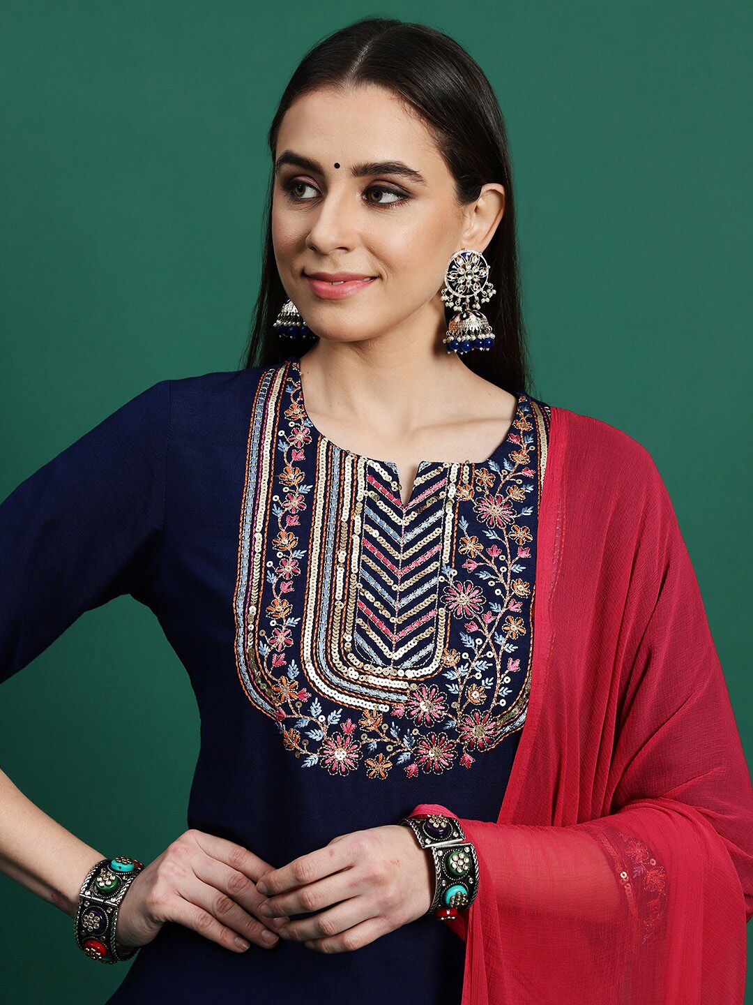 Dhiyona SN Women's Yoke Design Embroidered Pure Cotton Straight Kurta With Trousers & Dupatta