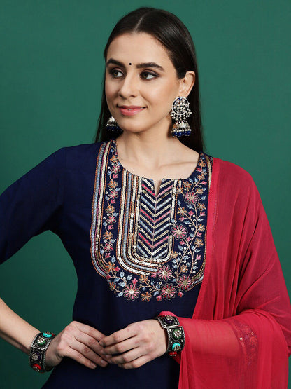 Dhiyona SN Women's Yoke Design Embroidered Pure Cotton Straight Kurta With Trousers & Dupatta