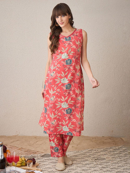 Dhiyona IE Floral Printed V-Neck Pure Cotton Straight Kurta With Trousers