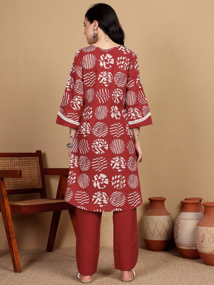 Dhiyona VA Women'sGeometric Printed V-Neck Straight Kurta With Trousers