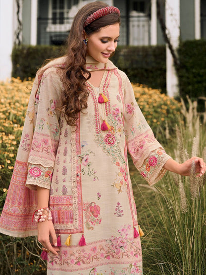 Dhiyona IE Floral Printed V-Neck Sequinned Linen Kurta With Trousers And Dupatta
