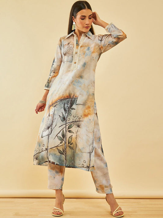 Dhiyona SO Women's Floral Printed Regular Mirror Work Kurta with Trousers