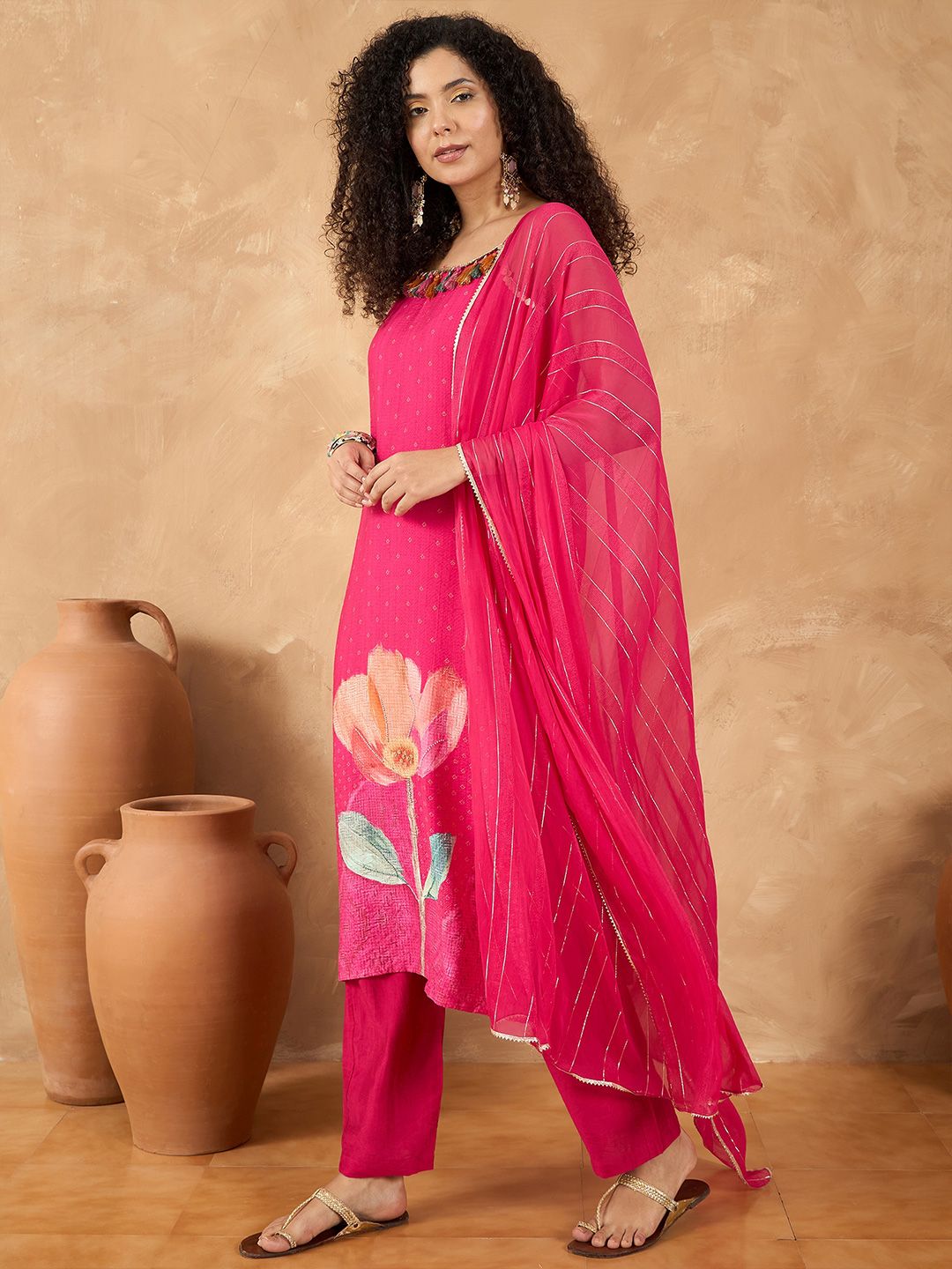 Dhiyona VA Women's Spaghetti Strap Floral Kurta with Trousers & Dupatta