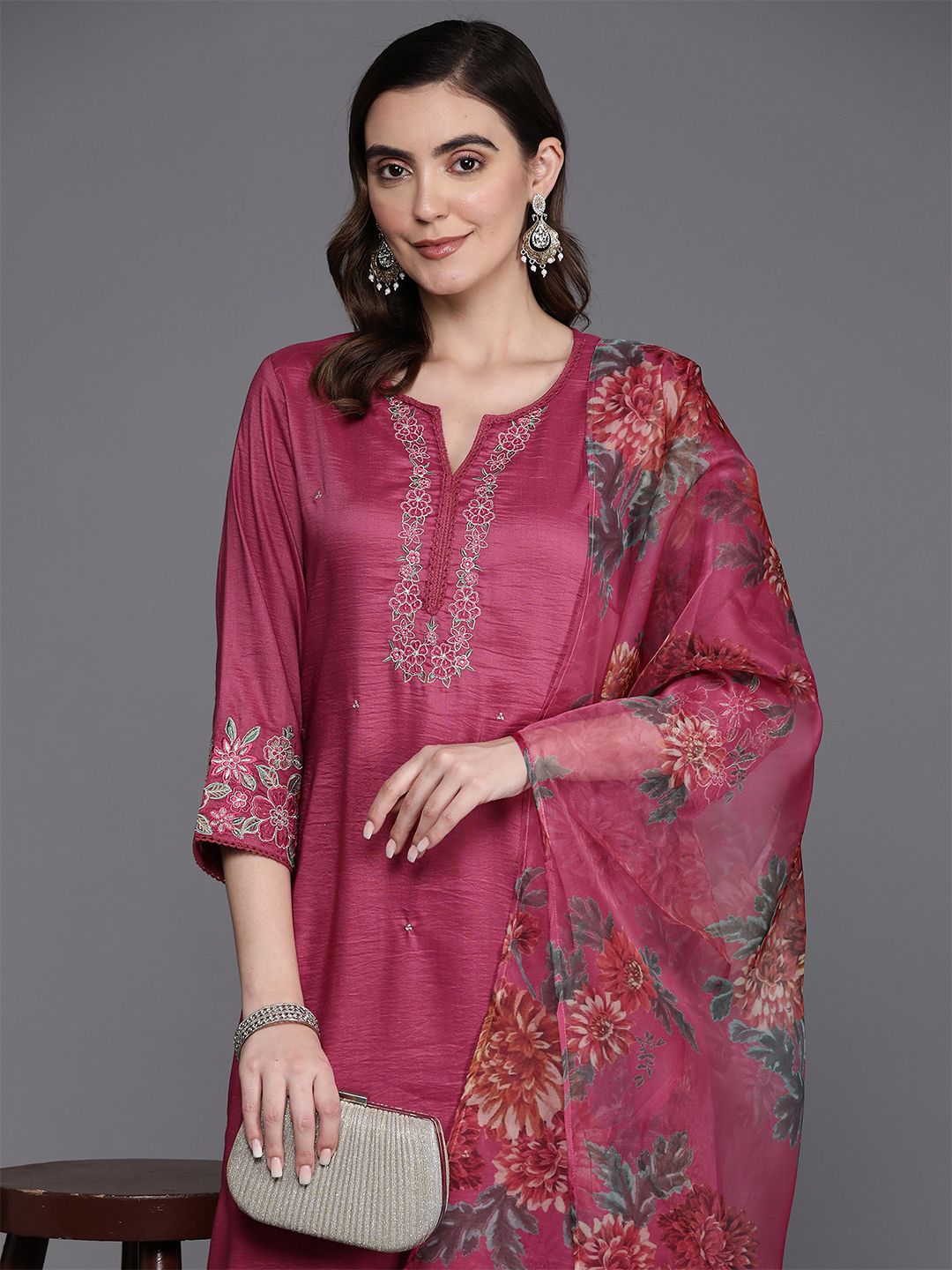 Dhiyona IE Floral Embroidered Thread Work Kurta with Trousers & Dupatta