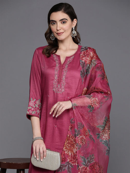 Dhiyona IE Floral Embroidered Thread Work Kurta with Trousers & Dupatta