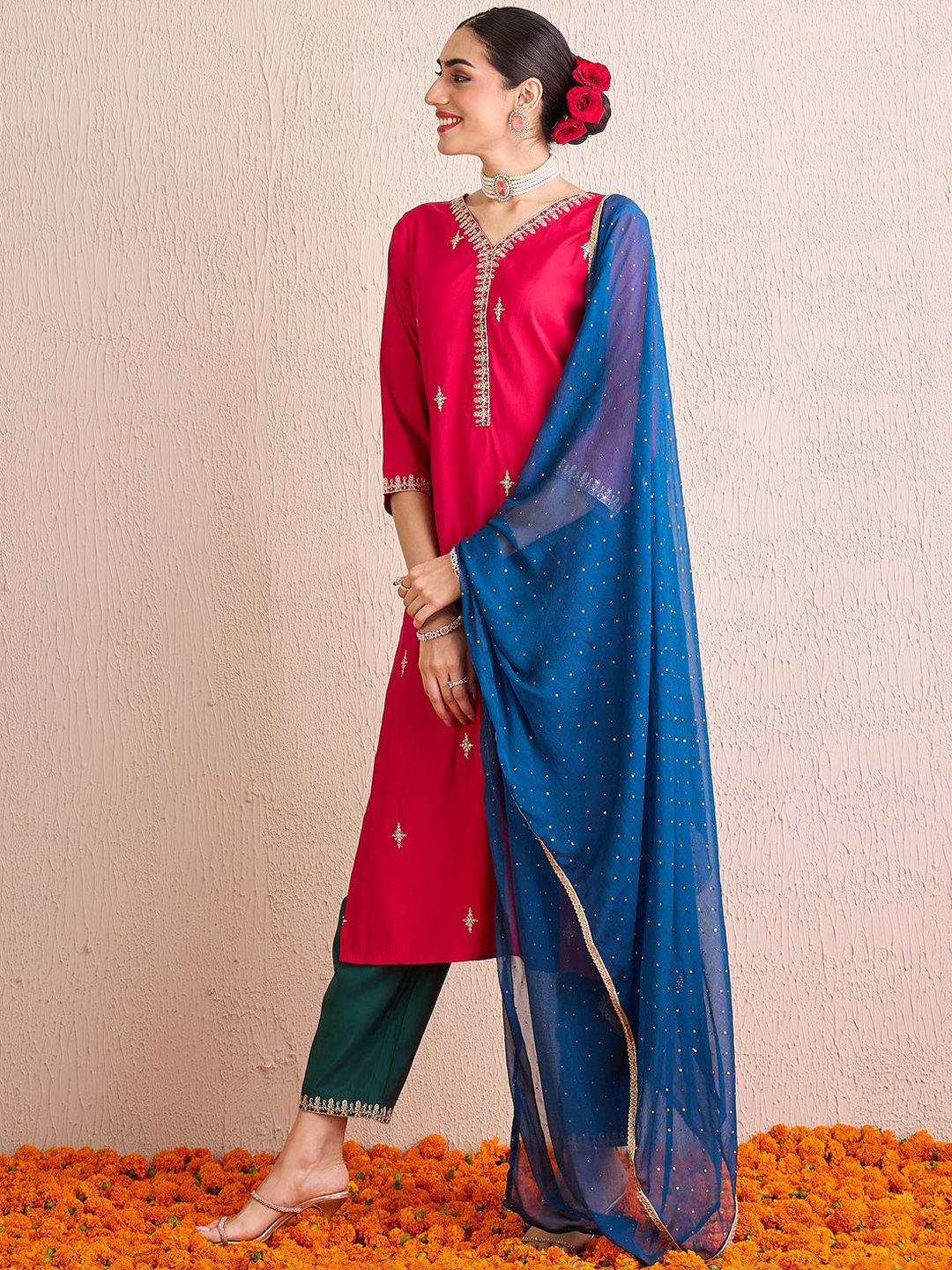 Dhiyona IE Women Ethnic Motifs Embroidered Regular Kurta with Trousers & With Dupatta