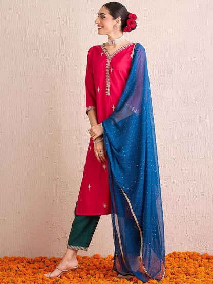 Dhiyona IE Women Ethnic Motifs Embroidered Regular Kurta with Trousers & With Dupatta