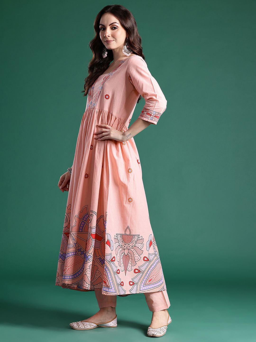 Floral Printed Pleated Sequinned Pure Cotton Kurta with Trousers & With Dupatta