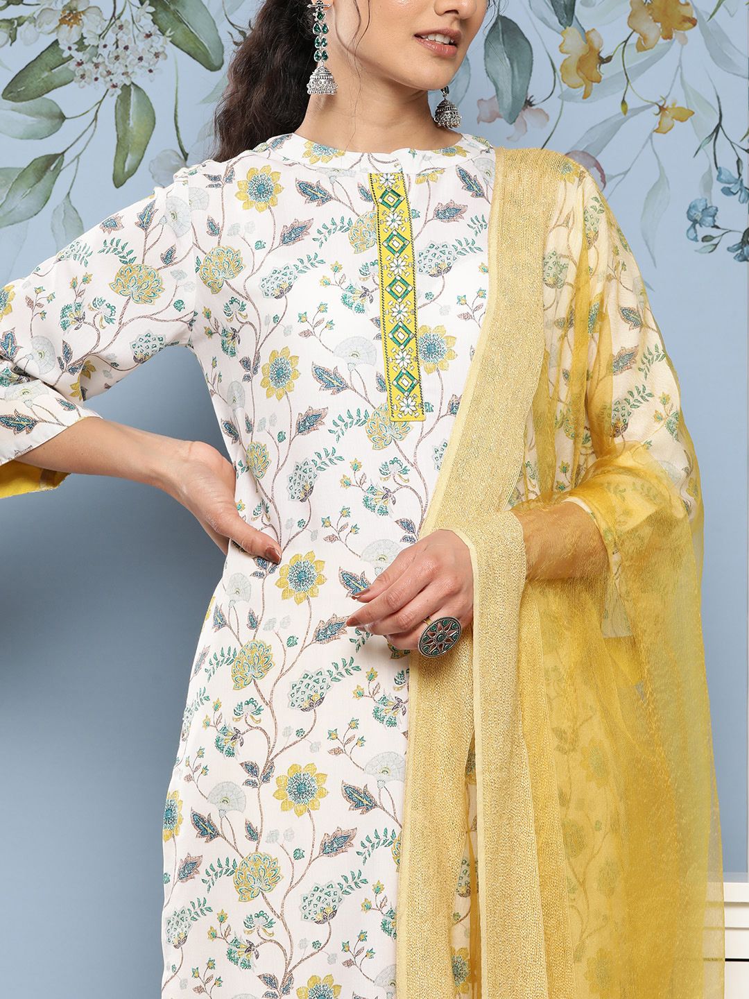 Dhiyona VA Women'sFloral Printed Thread Work Kurta with Trousers & Dupatta