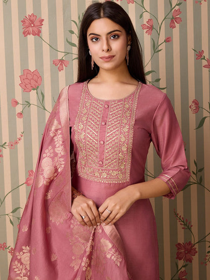 Dhiyona OD  Floral Yoke Design Regular Mirror Work Kurta & Trousers & Dupatta
