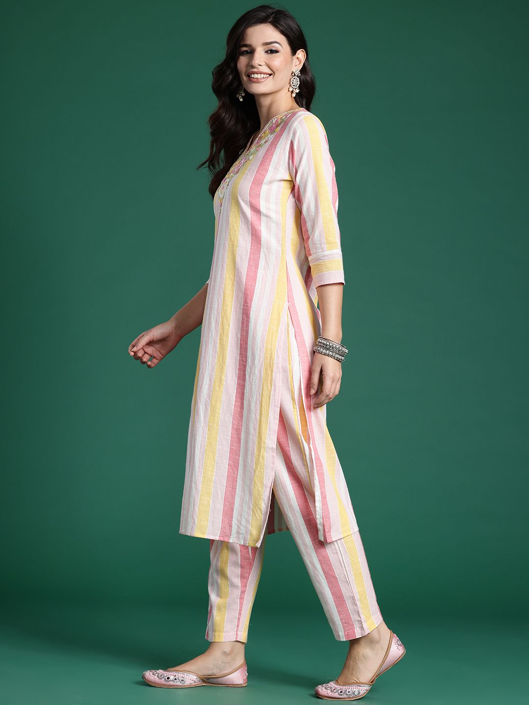 Striped Thread Work Pure Cotton Kurta with Trousers