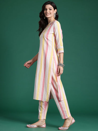 Striped Thread Work Pure Cotton Kurta with Trousers