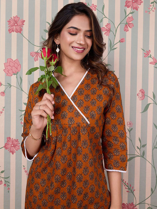 Dhiyona OD  Floral Printed Angrakha Pure Cotton Kurta with Trousers