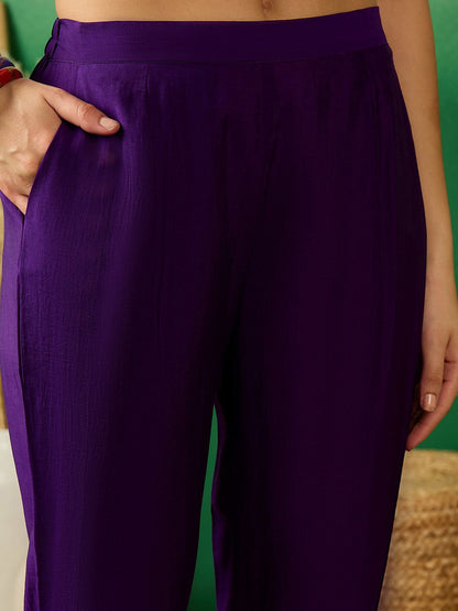 Dhiyona SN Women's Purple Floral Embroidered V-Neck Sequinned Straight Kurta With Trouser & Dupatta