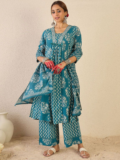Dhiyona IE Ethnic Motifs Printed A Line Pleated Pure Cotton Kurta With Trousers & Dupatta