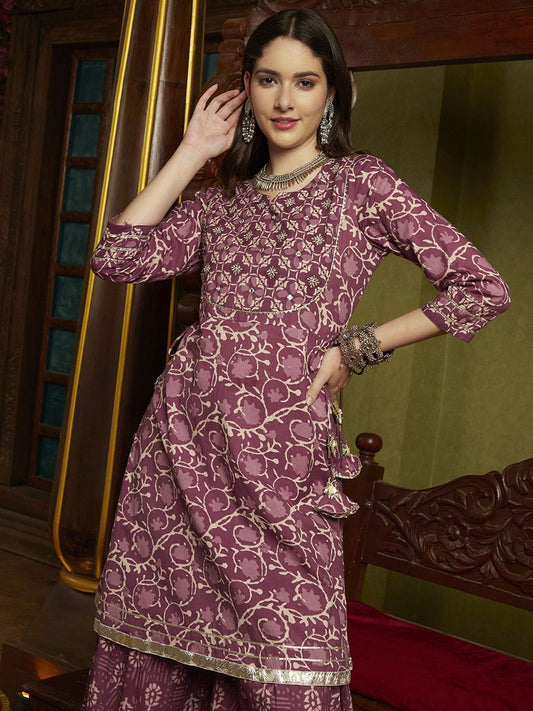 Dhiyona SN Women's Purple Ethnic Motifs Printed A-Line Kurti & Sharara With Dupatta