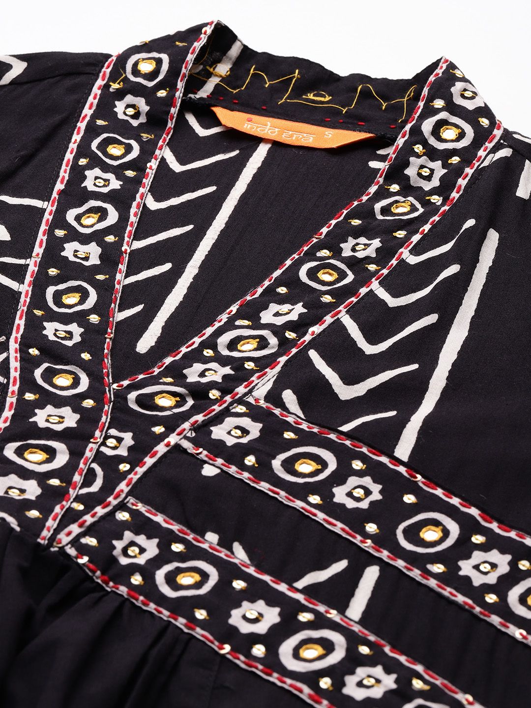 Geometric Printed Empire Thread Work Pure Cotton Kurta with Trousers & Dupatta