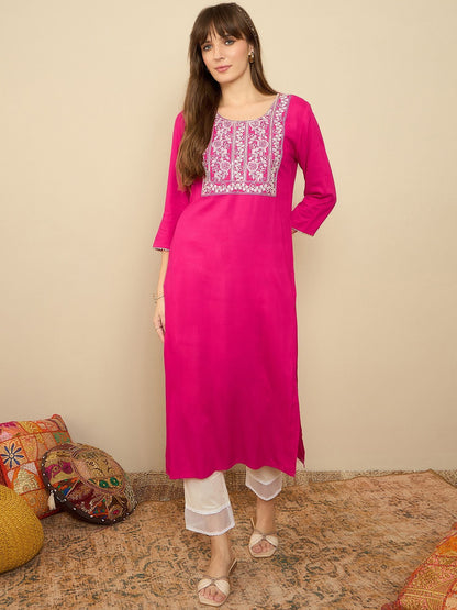Dhiyona IE Floral Embroidered Round Neck Sequinned Machine Weave Straight Kurta