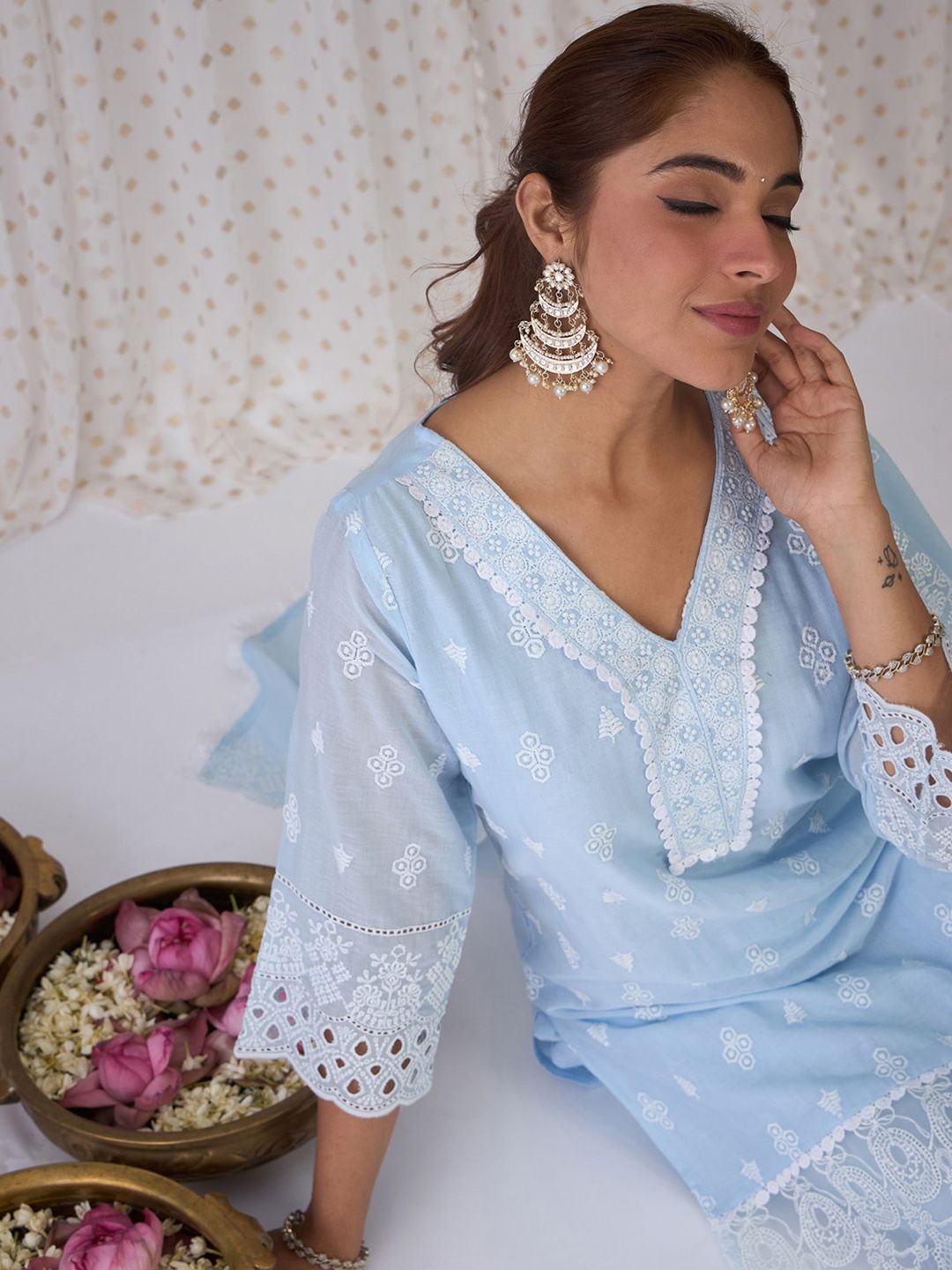 Dhiyona IE Ethnic Embroidered V-Neck Thread Work Pure Cotton Kurta with Trousers & Dupatta