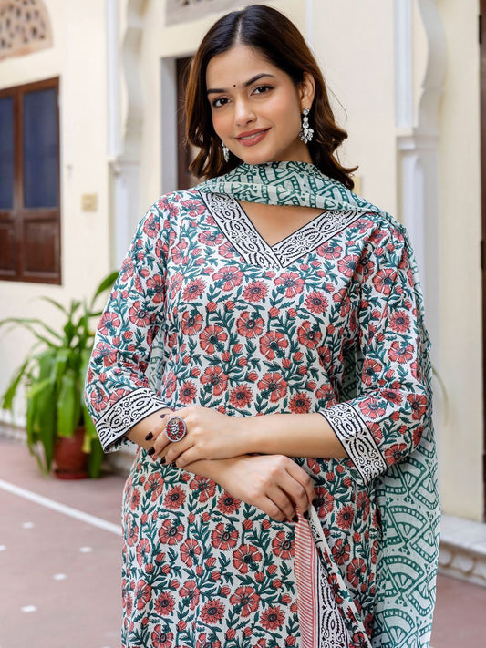 Dhiyona IE Floral Printed V-Neck Pure Cotton Straight Kurta With Palazzo And Dupatta