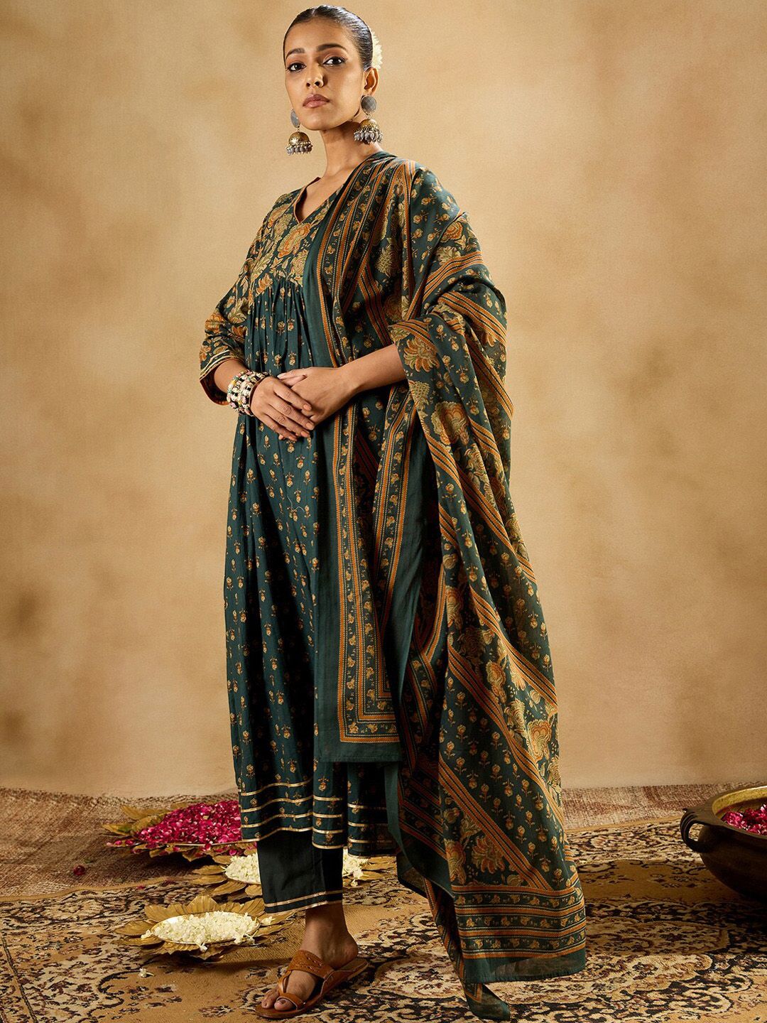 Dhiyona IE Floral Printed Empire Pure Cotton A-Line Kurta With Trousers & Dupatta