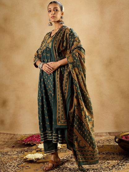 Dhiyona IE Floral Printed Empire Pure Cotton A-Line Kurta With Trousers & Dupatta