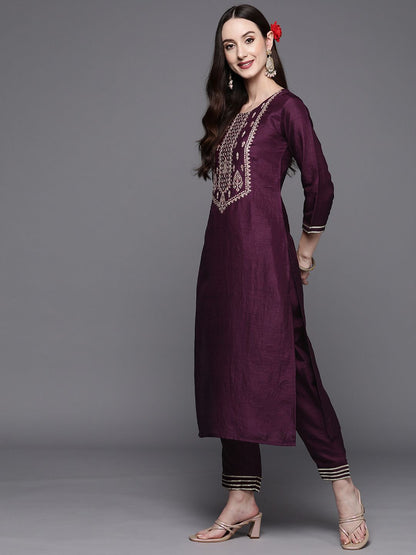Dhiyona IE Women Purple Ethnic Motifs Yoke Design Thread Work Kurta with Trousers & Dupatta