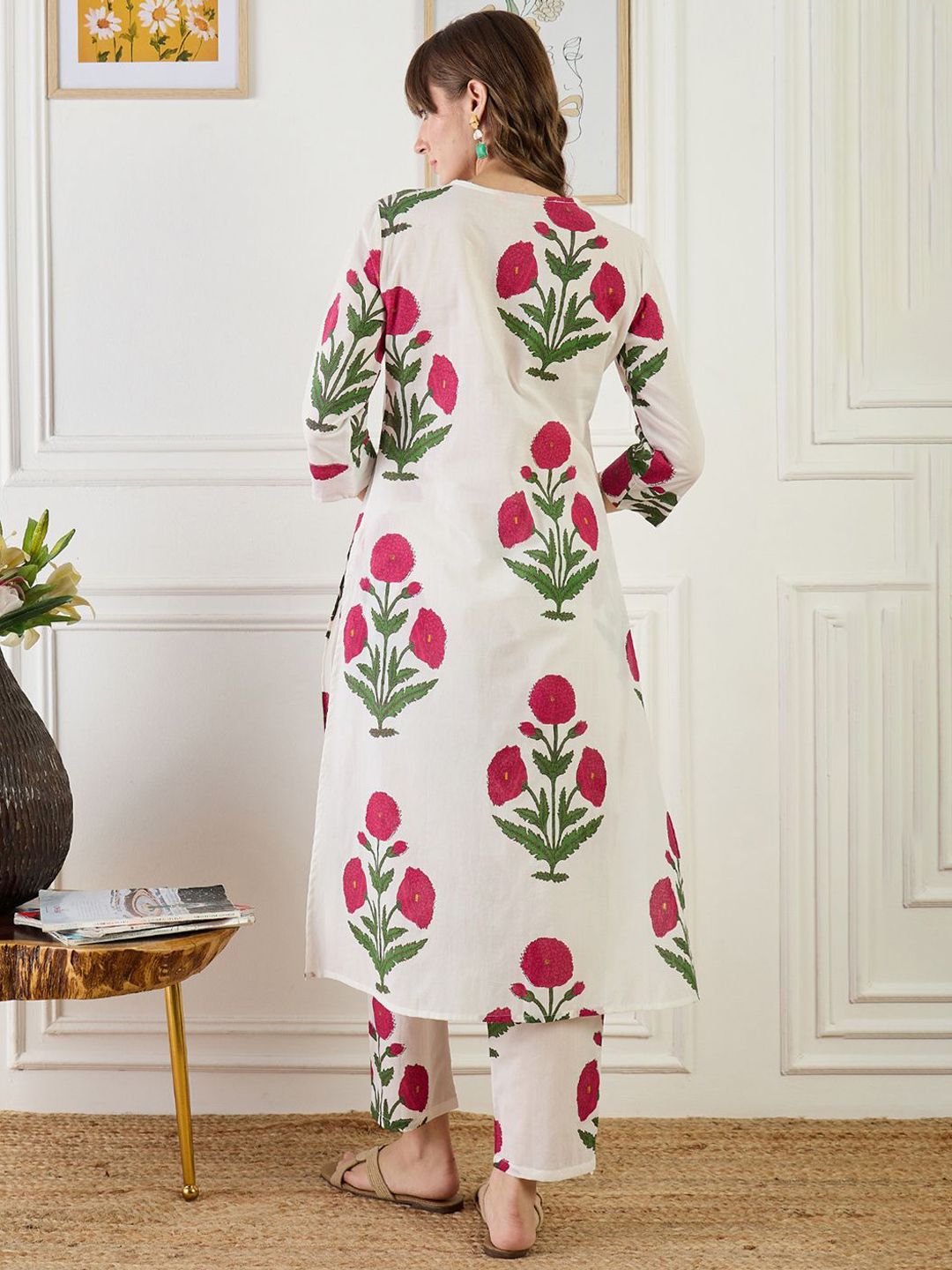 Floral Printed V-Neck Pure Cotton A-Line Kurta With Trouser