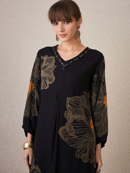 Floral Printed V-Neck Beads & Stones Straight Kurta With Trouser