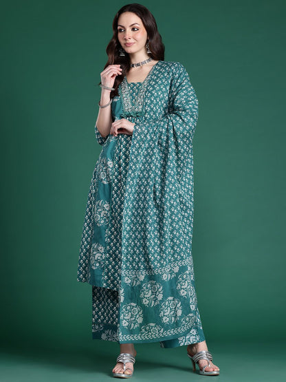 Ethnic Motifs Pure Cotton Kurta with Trousers & Dupatta