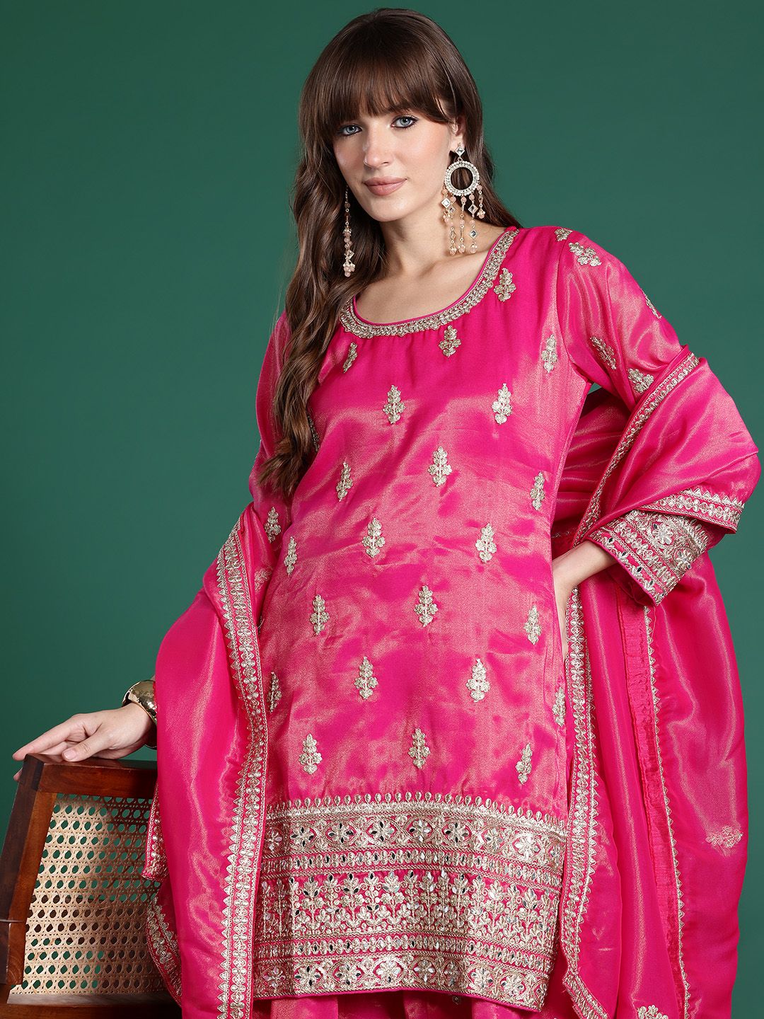 Ethnic Motifs Embroidered Mirror Work Kurta with Palazzos & With Dupatta