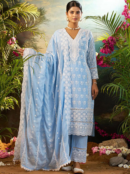 Women Ethnic Motifs Embroidered Thread Work Cotton Kurta with Trousers & Dupatta